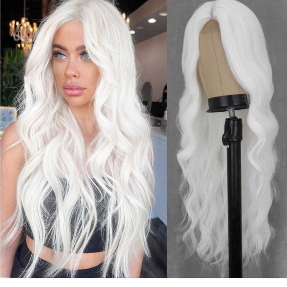 Long White Hair Wig For Women White Curly Wig With Middle Part White Cosplay 26”
